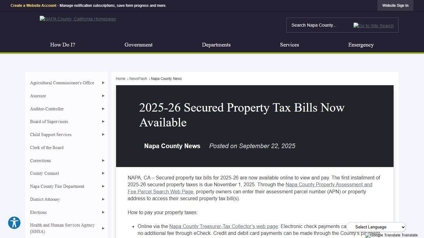 2025-26 Secured Property Tax Bills Now Available • Napa County, CA